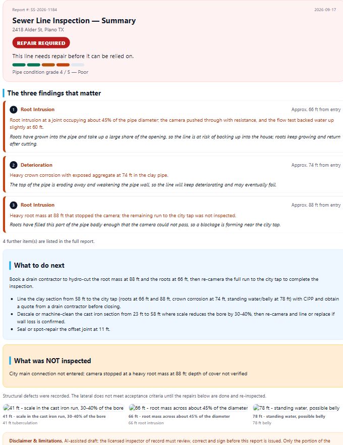One-page buyer summary template: repair verdict, the three findings that matter, what to do next, what was not inspected