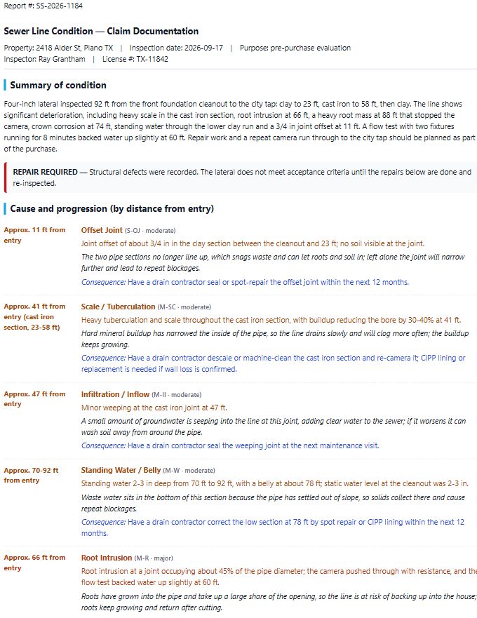 Insurance claim narrative template: cause and progression timeline, damage observed, repair scope split into structural repair and maintenance
